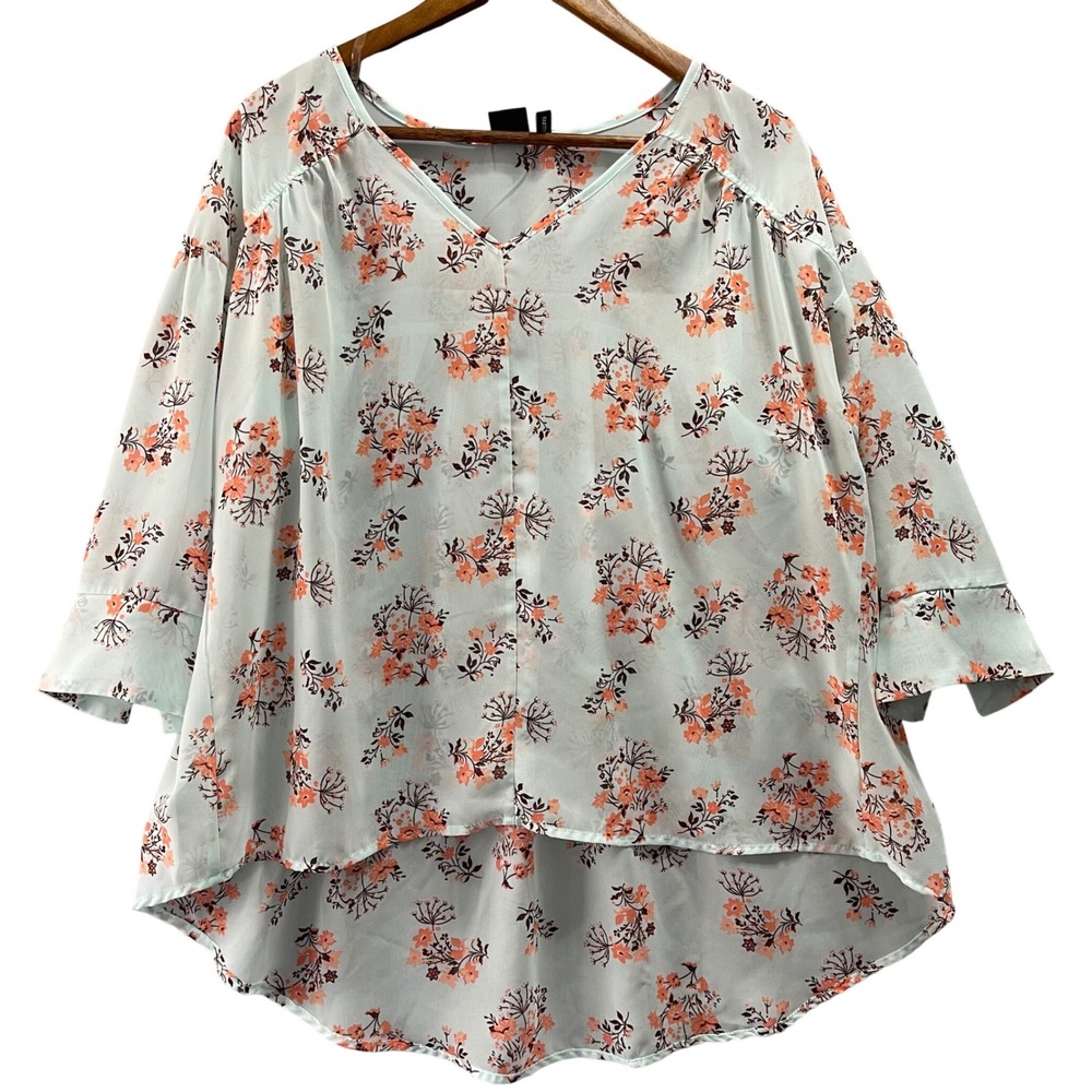 Cruel Denim Floral Blouse Womens Small Mint Green Orange V-Neck High-Low Western